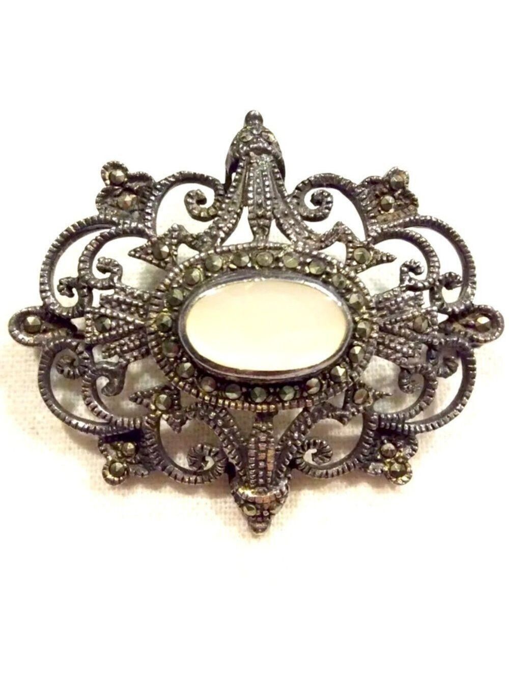 VINTAGE ART DECO STERLING SILVER MOTHER OF PEARL & MARCASITES PIN BROOCH